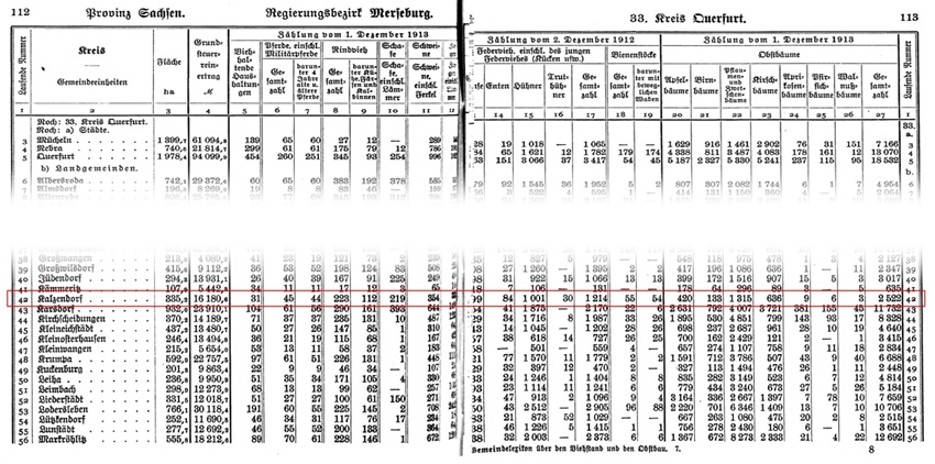 Kalzendorf - Vieh- und Obstbaumzählung 1913