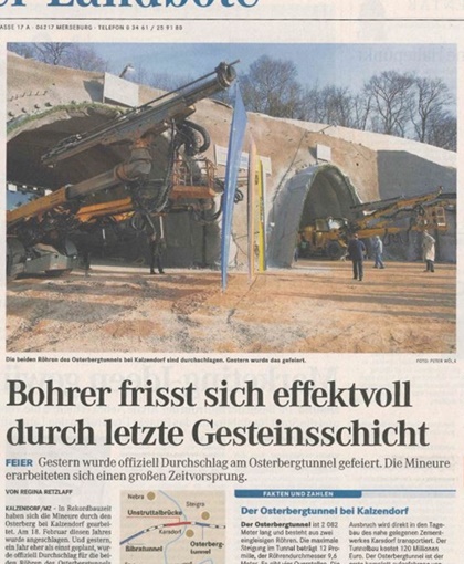 Kalzendorf Bau Ostergbegtunnel - Bohrer frisst sich durch letzte Gesteinsschicht